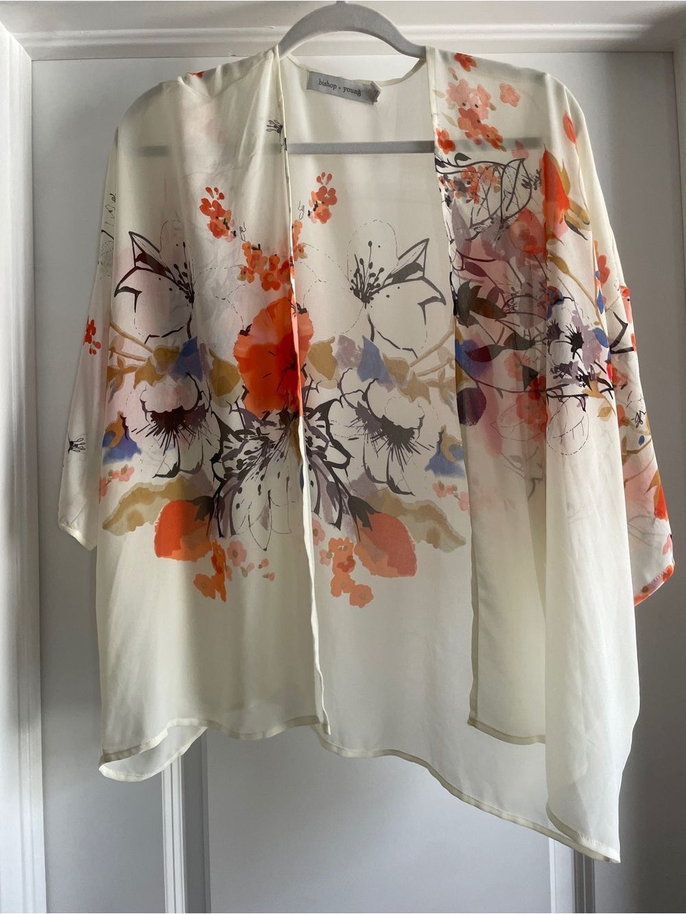 Bishop + Young XS Sheer Cream Floral Kimono Top Orange Floral Open Front